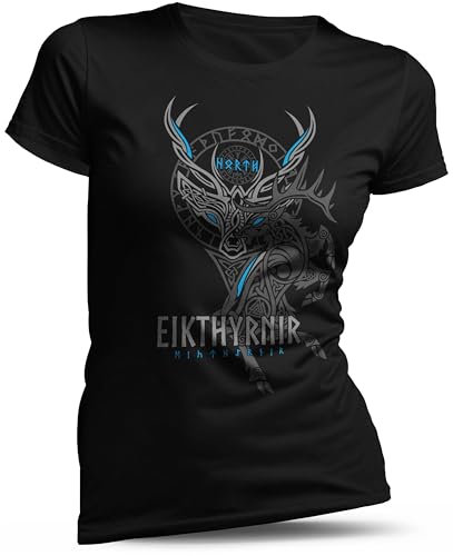 North Legendary - T-Shirt für Damen - Eikthyrnir Hirsch Yggdrasil - Brust Aufdruck, Viking Shirt, Wikinger, Walhalla, Geschenk für Frauen, Größe:XXL, Farbe:Blau von North Legendary