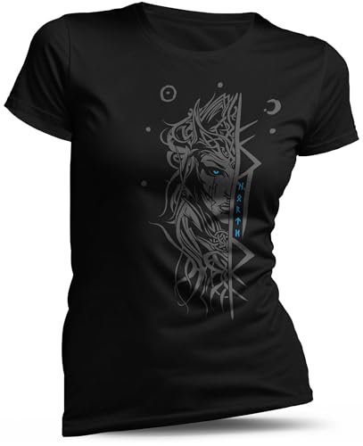 North Legendary - T-Shirt für Damen - Freya nordische Göttin - Brust Aufdruck, Viking Shirt, Wikinger, Walhalla, Geschenk für Frauen, Größe:L, Farbe:Blau von North Legendary