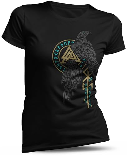 North Legendary - T-Shirt für Damen - Hugin Munin Odin Raben Emerald Gold - Brust Aufdruck, Viking Shirt, Wikinger, Walhalla, Geschenk für Frauen, Größe:L, Farbe:Emerald North Legendary - T-Shirt für Damen - Hugin Munin Odin Raben Emerald Gold - Brust Aufdruck, Viking Shirt, Wikinger, Walhalla, Geschenk für Frauen, Größe:L, Farbe:Emerald von North Legendary