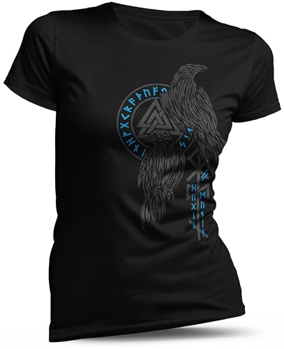 North Legendary - T-Shirt für Damen - Hugin und Munin Odin Raben - Brust Aufdruck, Viking Shirt, Wikinger, Walhalla, Geschenk für Frauen, Größe:XL, Farbe:Blau von North Legendary