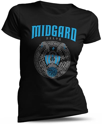 North Legendary - T-Shirt für Damen - Midgard - Floki Drachenboot - Brust Aufdruck, Viking Shirt, Wikinger, Walhalla, Geschenk für Frauen, Größe:L, Farbe:Blau von North Legendary