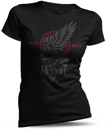 North Legendary - T-Shirt für Damen - Odin Rabe Hugin - Blutrot - Valhalla Raben, Wikinger Runen, Walküren, Wikinger Symbol, Thor Kraft, Rabe Hugin, nordische Magie, Yggdrasil Baum, Walhalla, Größe M von North Legendary