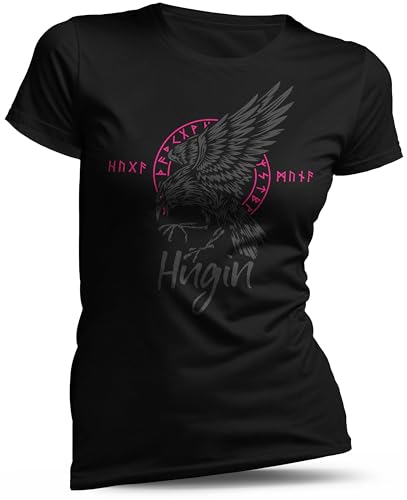 North Legendary - T-Shirt für Damen - Odin Rabe Hugin - Rosa - Walküren, Wikinger Tattoo, Runen Zeichen, Mythologie, Wikinger Fans, Valhalla Kriegerin, Yggdrasil Amulett, Größe XXL von North Legendary