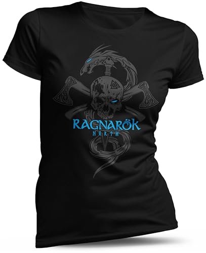 North Legendary - T-Shirt für Damen - Ragnarök Totenkopf - Brust Aufdruck, Viking Shirt, Wikinger, Walhalla, Geschenk für Frauen, Größe:XXL, Farbe:Blau von North Legendary