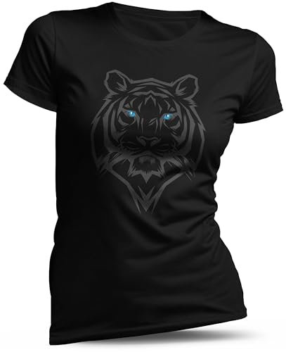 North Legendary - T-Shirt für Damen - Tiger Freyas Katze - Brust Aufdruck, Viking Shirt, Wikinger, Walhalla, Geschenk für Frauen, Größe:XXL, Farbe:Blau von North Legendary