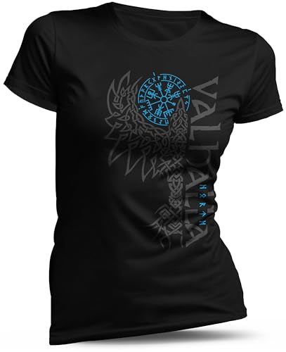 North Legendary Damen T-Shirt - Valhalla Rabe - Blau - Wikinger Kraft, Viking Runen, Odin Zeichen, Wolf Tattoo, Nordische Kriegerin, Thor Symbol, Yggdrasil Legende, Totenkopf Wikinger, Größe XXL von North Legendary