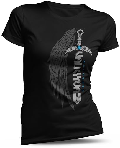 North Legendary - T-Shirt für Damen - Valkyria Flügel Schwert - Brust Aufdruck, Viking Shirt, Wikinger, Walhalla, Geschenk für Frauen, Größe:S, Farbe:Blau von North Legendary
