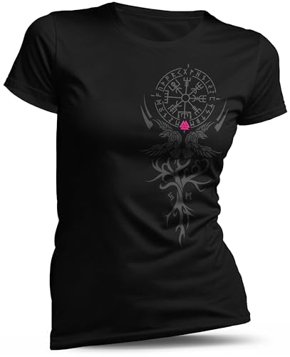 North Legendary Damen T-Shirt - Wikinger - Pink - Vegvisir Yggdrasil Runen, Walhalla Viking Symbol, NordFrauen Krieger Runen, Odin Thor Mythologie, Mittelalter Wikinger Kleidung, Größe 3XL von North Legendary