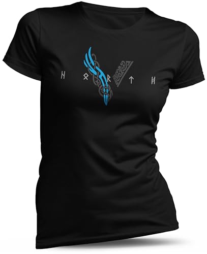 North Legendary - T-Shirt für Damen - Wikinger V - Viking Schrift - Brust Aufdruck, Viking Shirt, Wikinger, Walhalla, Geschenk für Frauen, Größe:M, Farbe:Blau von North Legendary