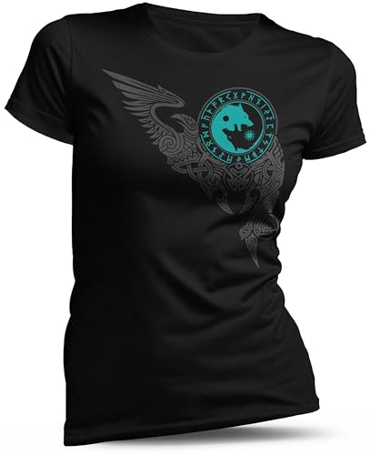 North Legendary - T-Shirt für Damen - Wölfe Skalli und Hatti - Brust Aufdruck, Viking Shirt, Wikinger, Walhalla, Geschenk für Frauen, Größe:S, Farbe:Petrol North Legendary - T-Shirt für Damen - Wölfe Skalli und Hatti - Brust Aufdruck, Viking Shirt, Wikinger, Walhalla, Geschenk für Frauen, Größe:S, Farbe:Petrol von North Legendary