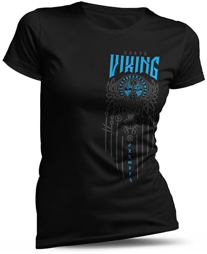 North Legendary - T-Shirt für Damen - Yggdrasil 9 Welten Weltenbaum - Brust Aufdruck, Viking Shirt, Wikinger, Walhalla, Geschenk für Frauen, Größe:S, Farbe:Blau von North Legendary