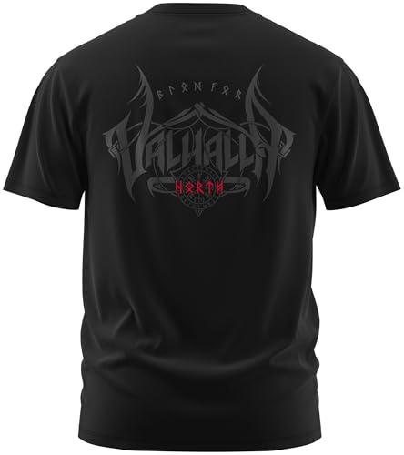 North Legendary - T-Shirt für Herren - Blood of Valhalla - Brust & Rücken Aufdruck, Viking Shirt, Wikinger, Walhalla, Geschenk für Männer, Größe:L, Farbe:Blutrot von North Legendary