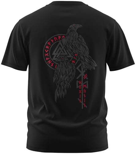 North Legendary - T-Shirt für Herren - Hugin und Munin Odin Raben - Brust & Rücken Aufdruck, Viking Shirt, Wikinger, Walhalla, Geschenk für Männer, Größe:M, Farbe:Blutrot von North Legendary