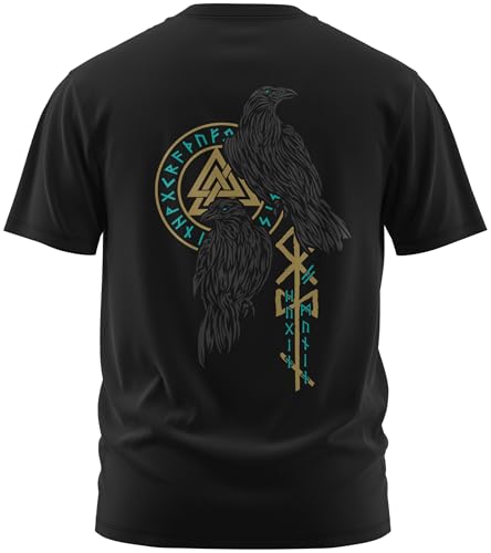North Legendary - T-Shirt für Herren - Odins Raben Emerald Gold - Brust & Rücken Aufdruck, Viking Shirt, Wikinger, Walhalla, Geschenk für Männer, Größe:L, Farbe:Emerald von North Legendary