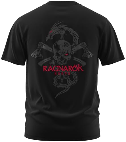 North Legendary - T-Shirt für Herren - Ragnarök Totenkopf - Brust & Rücken Aufdruck, Viking Shirt, Wikinger, Walhalla, Geschenk für Männer, Größe:3XL, Farbe:Blutrot von North Legendary