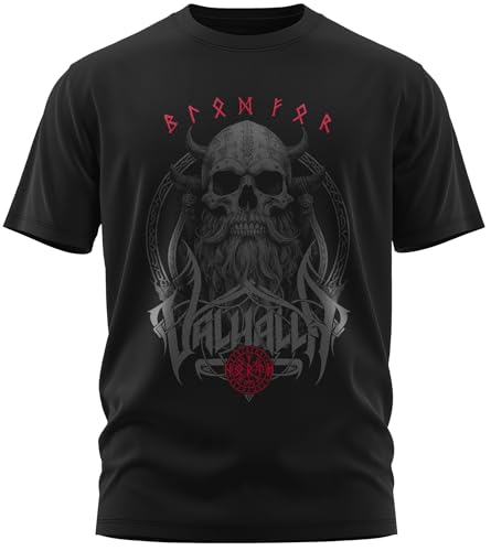 North Legendary - T-Shirt für Herren - Skull Viking Totenkopf Wikinger - Brust Aufdruck, Viking Shirt, Wikinger, Walhalla, Geschenk für Männer, Größe:XXL, Farbe:Blutrot von North Legendary