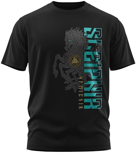 North Legendary - T-Shirt für Herren - Sleipnir Pferd 8 Beinen Emerald Gold - Brust Aufdruck, Viking Shirt, Wikinger, Walhalla, Geschenk für Männer, Größe:S, Farbe:Emerald von North Legendary