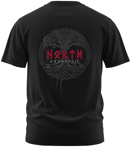 North Legendary - T-Shirt für Herren - Yggdrasil - Weltenbaum - Brust & Rücken Aufdruck, Viking Shirt, Wikinger, Walhalla, Geschenk für Männer, Größe:S, Farbe:Blutrot von North Legendary