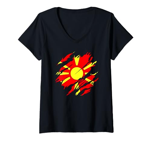 Damen Stolz Mazedonier Flagge Fans Nordmazedonien T-Shirt mit V-Ausschnitt von North Macedonia Scratch Flag Supporter Equipment