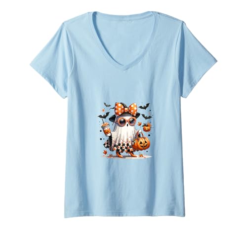Damen Niedlich-lustiger Geister-Kürbis-Halloween T-Shirt mit V-Ausschnitt von North Shanti