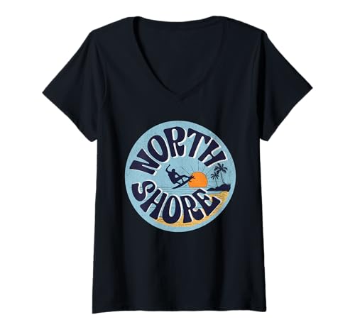 Damen Nordküste T-Shirt mit V-Ausschnitt Damen Nordküste T-Shirt mit V-Ausschnitt von North Shore Beach Hawaii Surfing Surf Ocean Retro