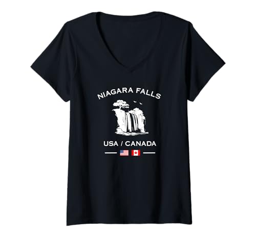 Damen Niagarafälle USA Kanada Flagge Wasserfall Reise T-Shirt mit V-Ausschnitt von Northern America Travel & Nature Adventure