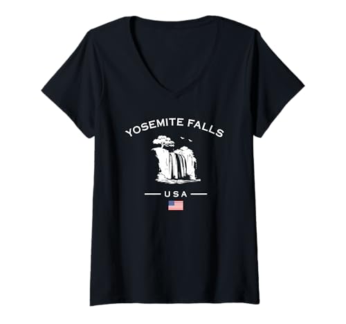 Damen Yosemite Falls California Amerikanische Flagge USA Wasserfall Reise T-Shirt mit V-Ausschnitt von Northern America Travel & Nature Adventure