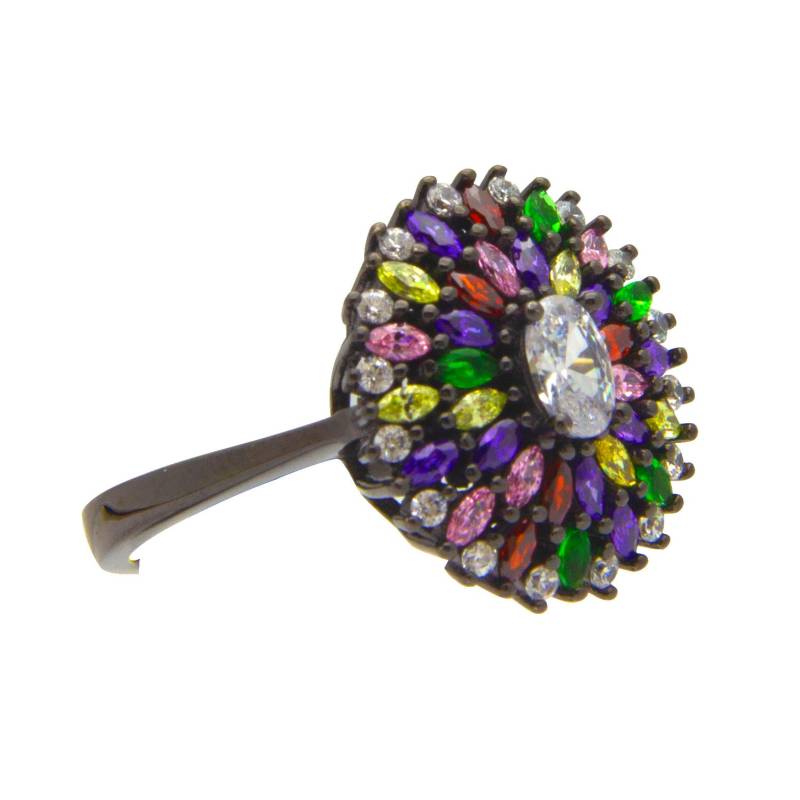 925 Sterlingsilber Ringe, Ring Für Sie, Der Blumengarten, Schwarzen Rand Mit Bunten Zirkonia Steinen, Innerer Durchmesser 18, 5 Mm, Geschenk von NorthernLightsLondon