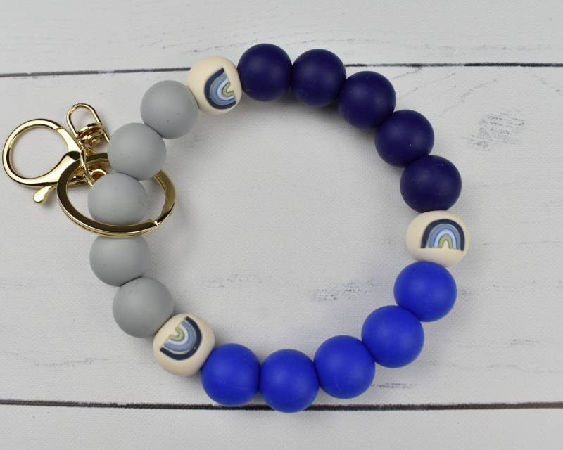 Bead Keychain Armband - Perlen Wristlet Blau Und Grau Regenbogen Silikon Mit Optionalem Charme von NorthernWaterfront