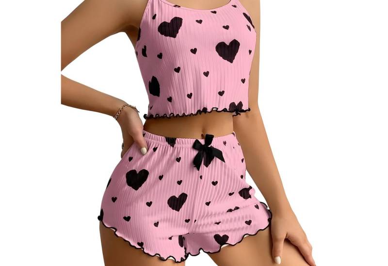 Norvéa Home Pyjama Zweiteiliger Damen Pyjama mit Herzmuster – Soft & figurbetont (2-teilig, Pyjama + Hose) mit Schleife, figurbetonter Schlafanzug von Norvéa Home