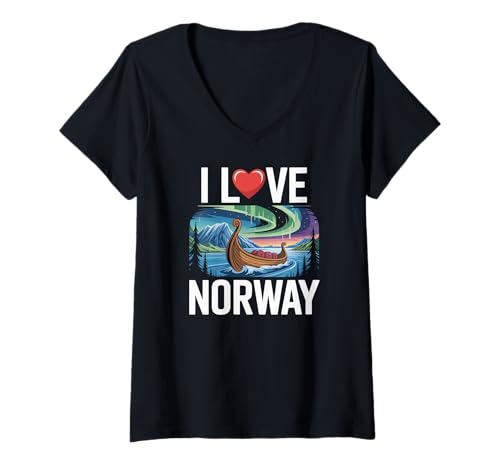 Damen Ich Liebe Norway Northern Lights Wikingerschiff T-Shirt mit V-Ausschnitt von Norway Adventure Fjords Viking Voyage