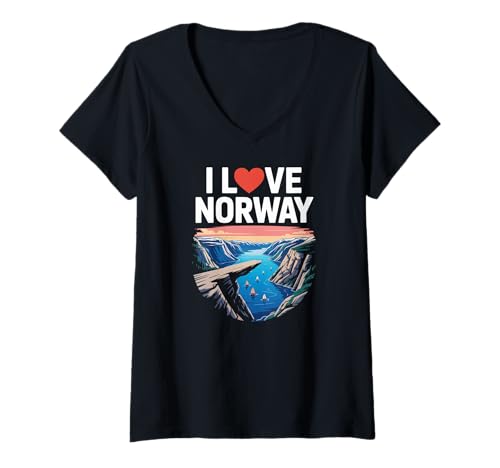 Damen Ich Liebe Norwegen, malerisches Kunstdesign mit Blick auf den Fjord T-Shirt mit V-Ausschnitt Damen Ich Liebe Norwegen, malerisches Kunstdesign mit Blick auf den Fjord T-Shirt mit V-Ausschnitt von Norway Adventure Scenic Fjord Landscape Lovers