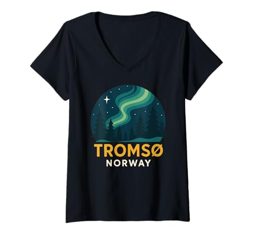 Damen Tromso Norwegen Norweger Nordlichter Schnee Retro Oslo 47 T-Shirt mit V-Ausschnitt von Norway Arctic Apparel
