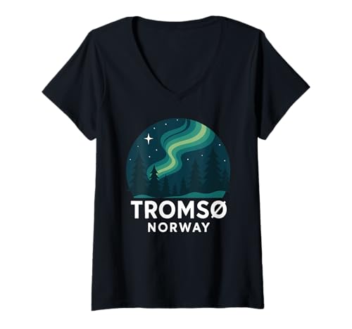 Damen Tromso Norwegen Norweger Nordlichter Schnee Retro Oslo 47 T-Shirt mit V-Ausschnitt von Norway Arctic Apparel