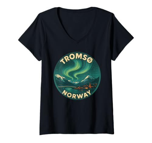Damen Tromso Norwegen Norweger Nordlichter Schnee Retro Oslo 47 T-Shirt mit V-Ausschnitt von Norway Arctic Apparel
