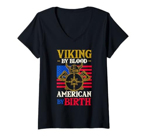 Damen Norway Pride Viking by Blood Amerikaner von Geburt an T-Shirt mit V-Ausschnitt Damen Norway Pride Viking by Blood Amerikaner von Geburt an T-Shirt mit V-Ausschnitt von Norway Designs for Scandinavian Pride