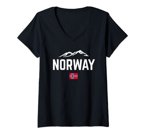 Damen NORWEGEN NORWAY Flagge Berge | Damen Herren Kinder T-Shirt mit V-Ausschnitt von Norway Family Shop