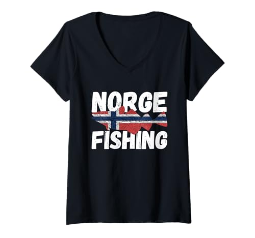 Damen Norwegen Angeln Dorsch Kunstwerk Fischer Party Favors Flagge Norge T-Shirt mit V-Ausschnitt von Norway Fishing Gifts and Fishermen Party Favors