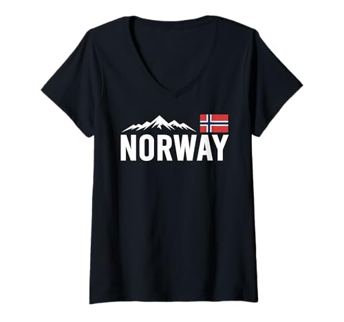Damen Norway Flag, Outdoor Travel, Ice Hockey Team Mountain T-Shirt mit V-Ausschnitt von Norway Flag Mountain Outdoor Trip Clothing Co. Tee