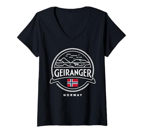 Damen Geiranger Norwegen Berg- und Fjordforscher T-Shirt mit V-Ausschnitt von Norway Geiranger Fjord Travel City