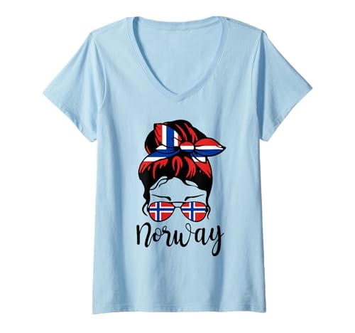 Damen Patriotischer norwegischer Stolz Messy Bun Norwegen Flagge Mama Mädchen T-Shirt mit V-Ausschnitt Damen Patriotischer norwegischer Stolz Messy Bun Norwegen Flagge Mama Mädchen T-Shirt mit V-Ausschnitt von Norway Norwegian Pride Flag Designs