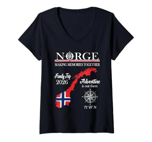 Damen Norwegen 2026 - Norge Familienreise - Erinnerungen für EIN Leben lang T-Shirt mit V-Ausschnitt von Norway Scandinavia Family Camper Fishing Norge