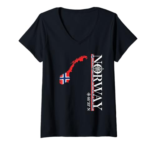 Damen Norwegen - Polarkreis-Koordinaten - norwegische Landkarte Flagge T-Shirt mit V-Ausschnitt von Norway Scandinavia Travel Camper Fishing Norge