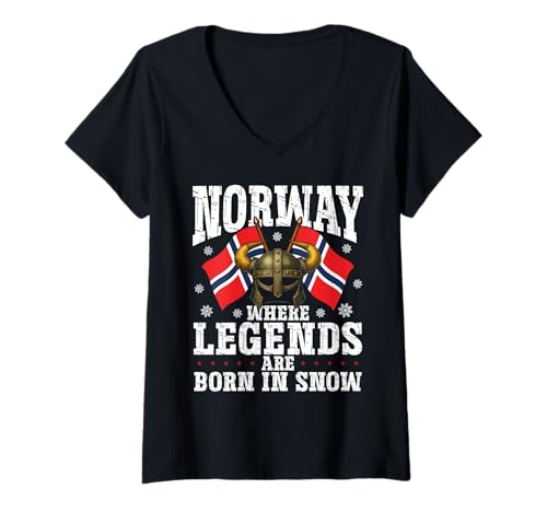 Damen Norwegen Flagge Wikinger Grafik Norwegisch T-Shirt mit V-Ausschnitt Damen Norwegen Flagge Wikinger Grafik Norwegisch T-Shirt mit V-Ausschnitt von Norway Scandinavian Pride