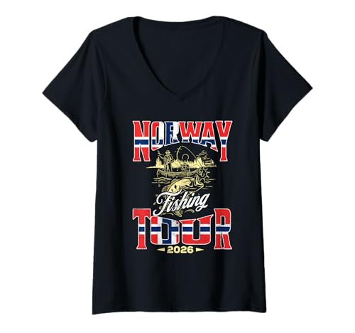Damen Norway Fishing Tour 2026 Angel Tour in Norwegen T-Shirt mit V-Ausschnitt Damen Norway Fishing Tour 2026 Angel Tour in Norwegen T-Shirt mit V-Ausschnitt von Norwegen Angel Designs