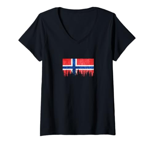 Damen Norwegen Natur Wald Skandinavien Berge T-Shirt mit V-Ausschnitt von Norwegen Natur Geschenk Wald Skandinavien