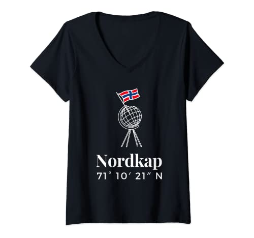 Damen Nordkap Koordinaten T-Shirt mit V-Ausschnitt Damen Nordkap Koordinaten T-Shirt mit V-Ausschnitt von Norwegen Nordkapp Globus
