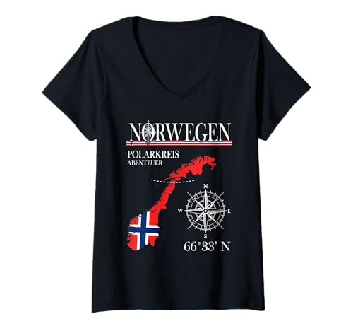 Damen Norwegen Polarkreis Abenteuer Koordinaten Norwegische Flagge T-Shirt mit V-Ausschnitt Damen Norwegen Polarkreis Abenteuer Koordinaten Norwegische Flagge T-Shirt mit V-Ausschnitt von Norwegen Skandinavien Reisen Abenteuer Camping