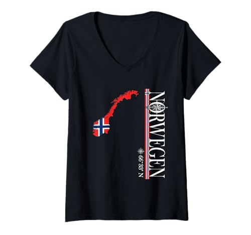 Damen Norwegen Polarkreis Koordinaten Norwegische Flagge T-Shirt mit V-Ausschnitt Damen Norwegen Polarkreis Koordinaten Norwegische Flagge T-Shirt mit V-Ausschnitt von Norwegen Skandinavien Reisen Abenteuer Camping