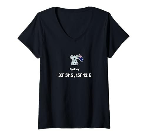 Damen Sydney Koordinaten Koala T-Shirt mit V-Ausschnitt von Norwegen Souvenir Koordinaten
